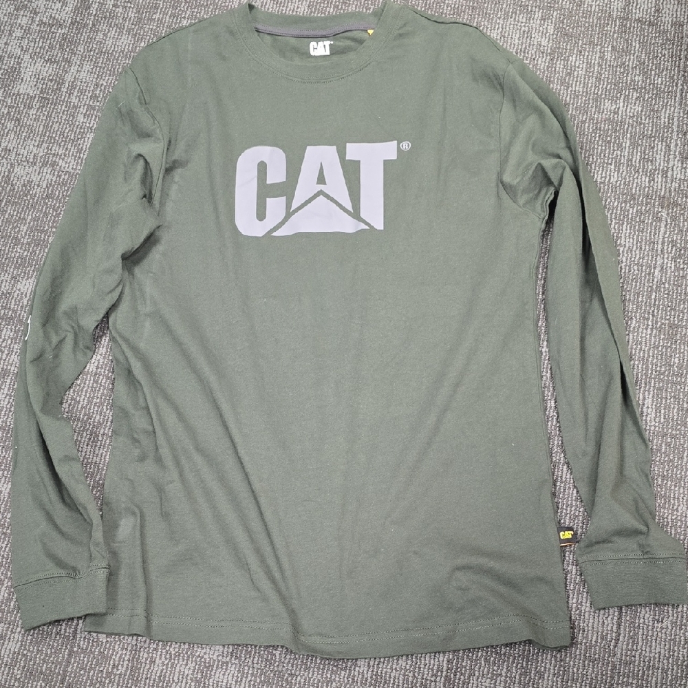 Caterpillar Green Long Sleeve Shirt Casual Crew Neck With Little Longstrip Stain